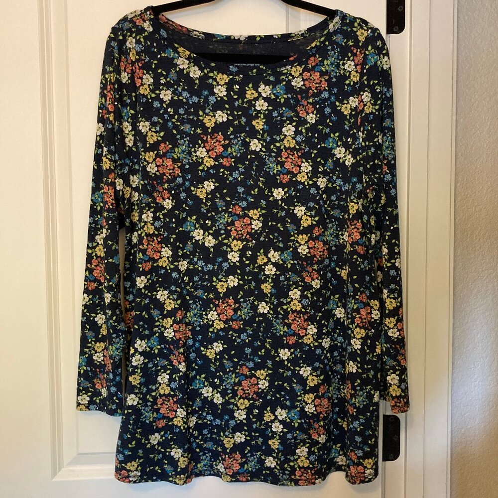 J Jill Pima Cotton Navy Floral Tunic Cottagecore Boho Long Sleeve A-Line XL